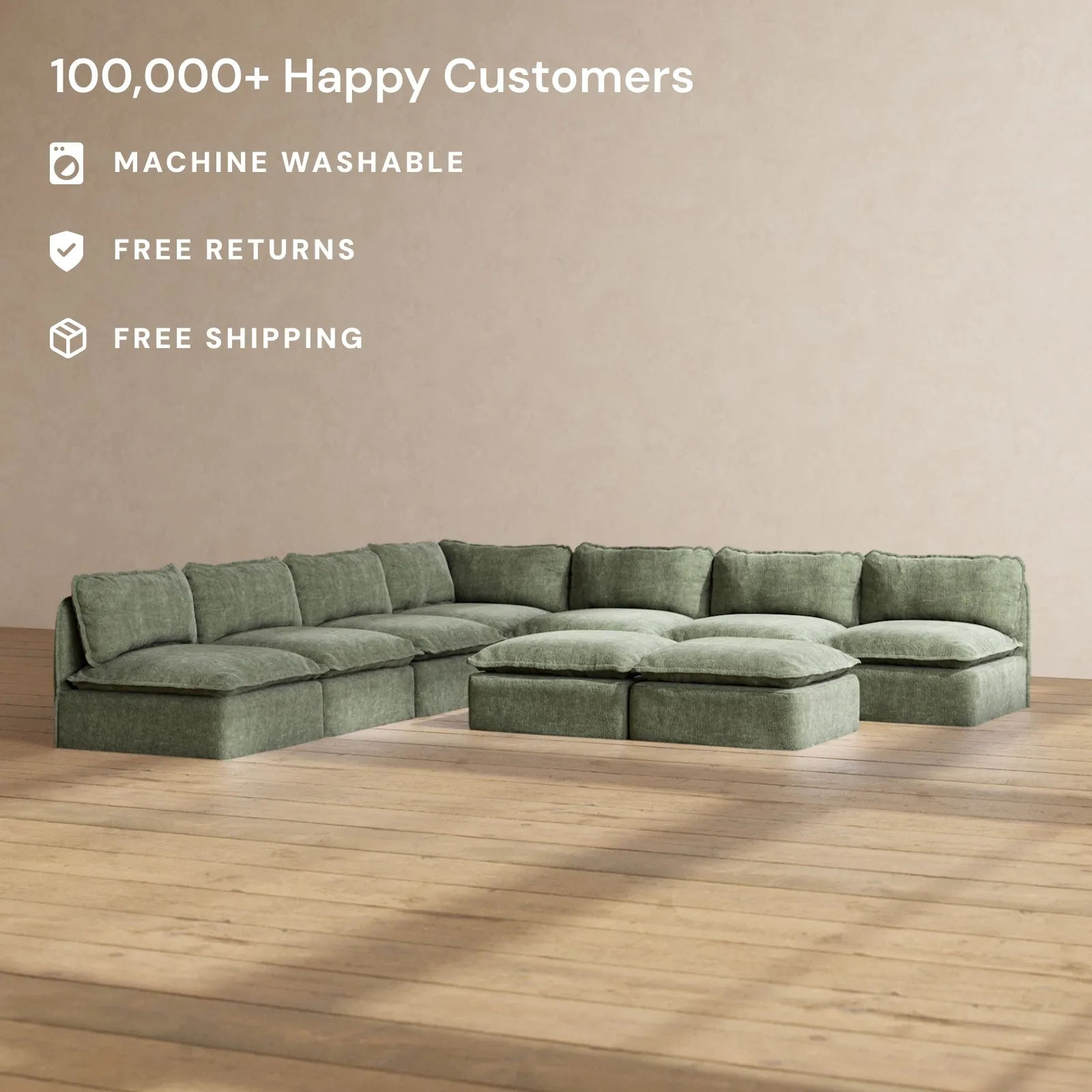 Modular Performance 7-Seater Open-Ends Corner Sectional   Bench Ottoman in Willow | Deluxe Blend