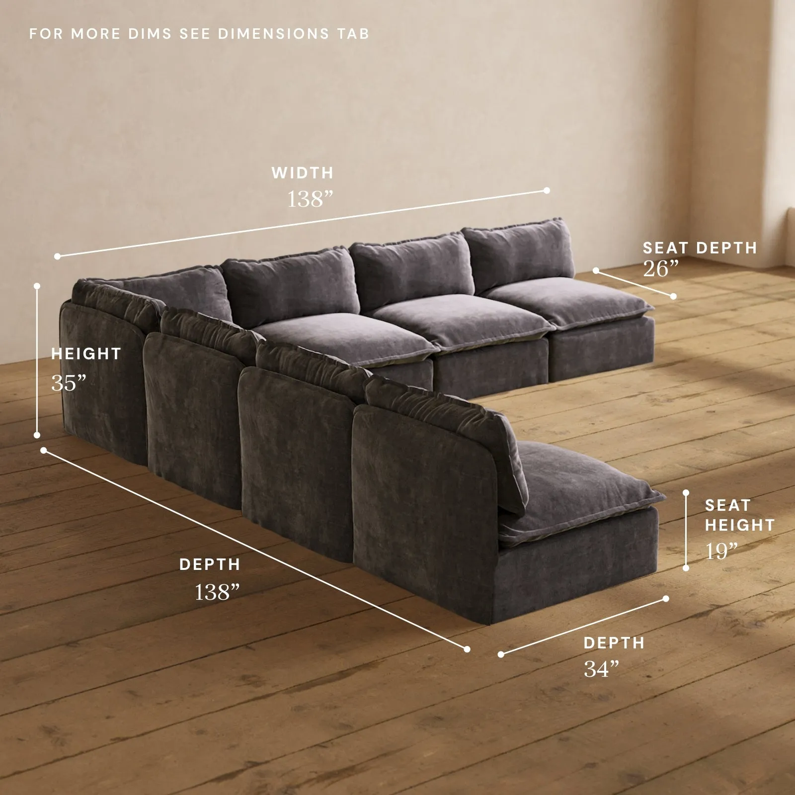 Modular Performance 7-Seater Open-Ends Corner Sectional in Cinder | Relaxed Blend