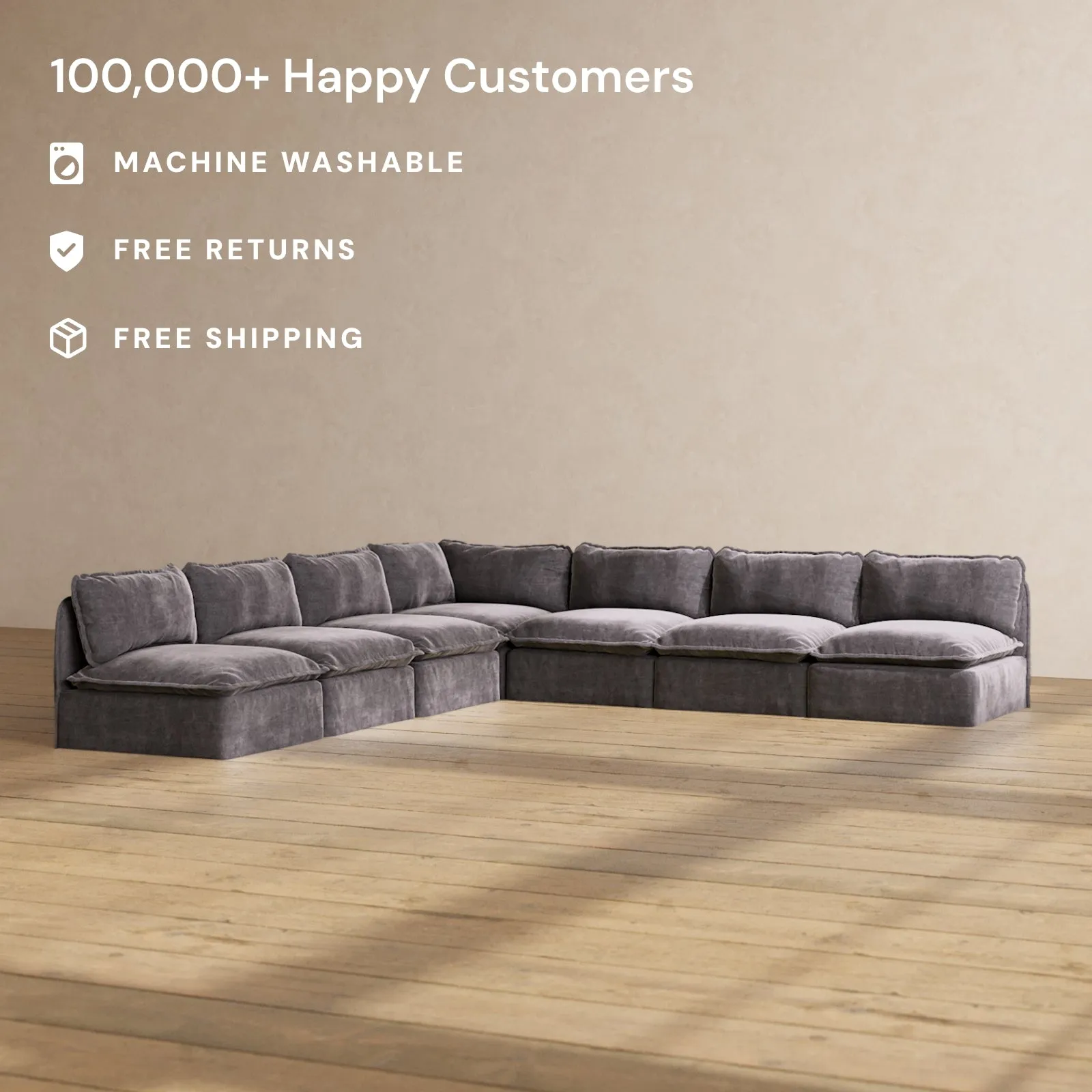 Modular Performance 7-Seater Open-Ends Corner Sectional in Cinder | Relaxed Blend