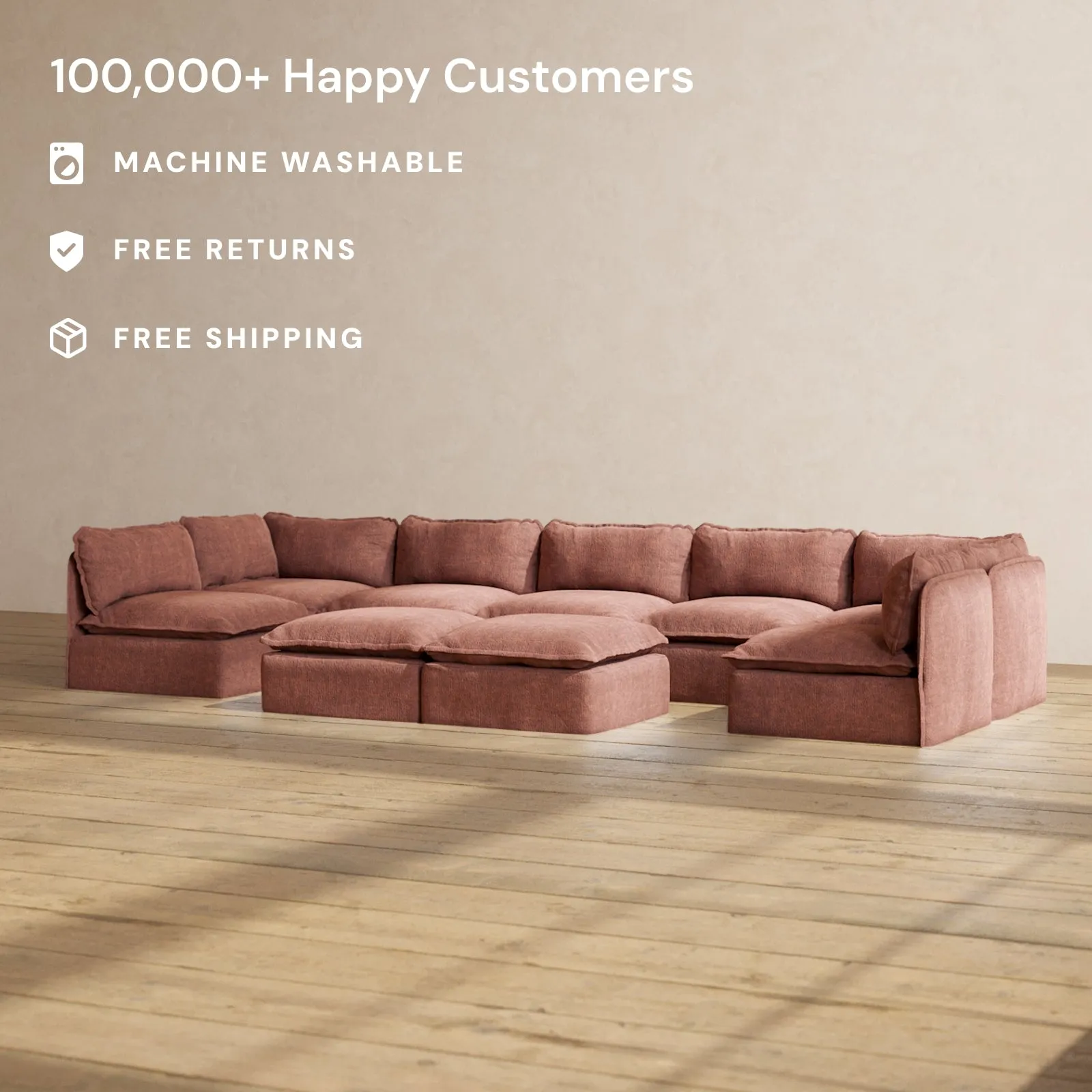 Modular Performance 7-Seater Open-Ends U-Sectional   Bench Ottoman in Chestnut | Deluxe Blend