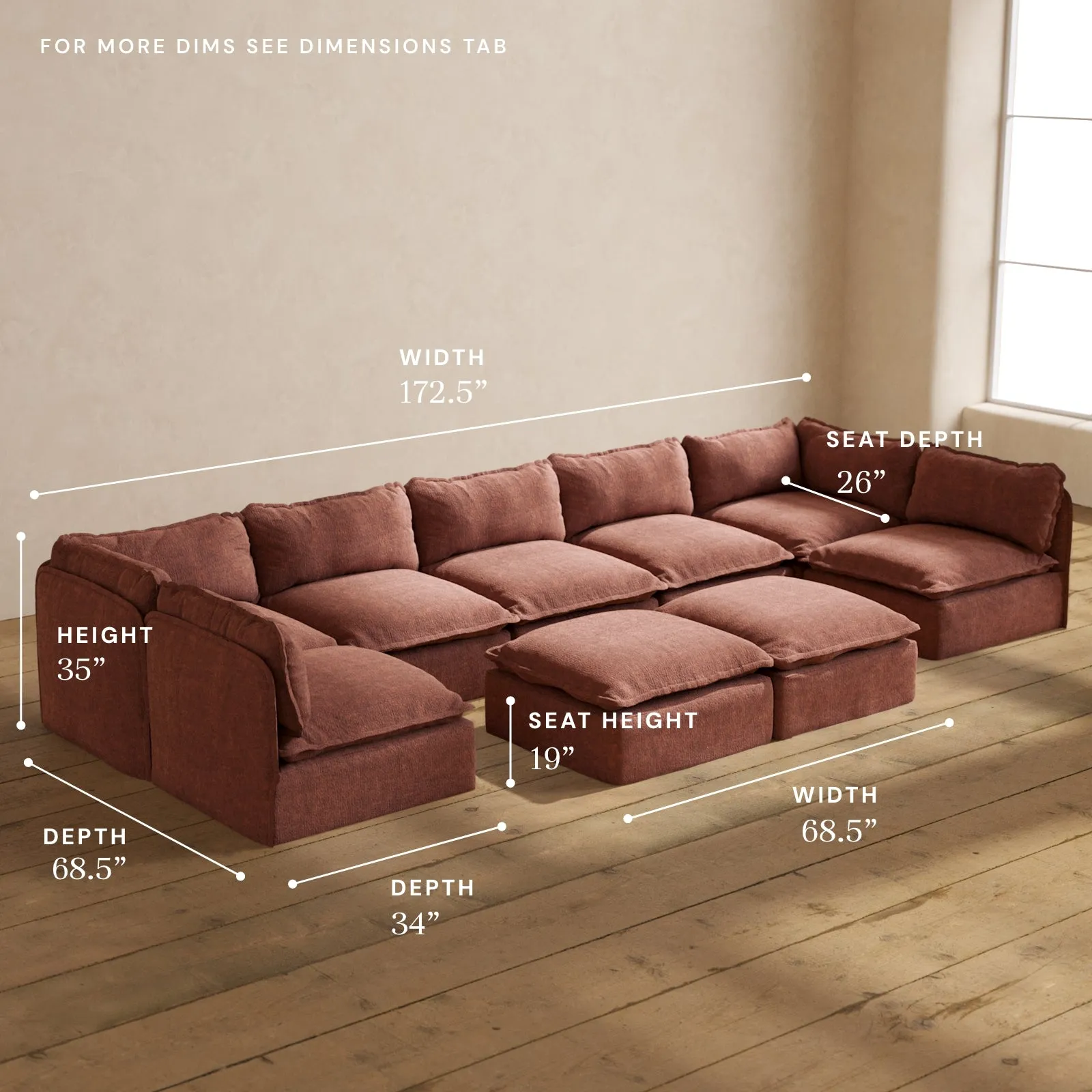 Modular Performance 7-Seater Open-Ends U-Sectional   Bench Ottoman in Chestnut | Deluxe Blend