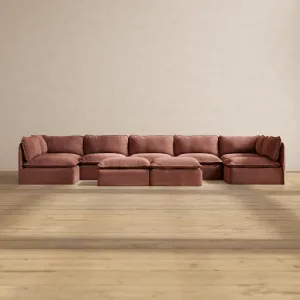 Modular Performance 7-Seater Open-Ends U-Sectional   Bench Ottoman in Chestnut | Relaxed Blend