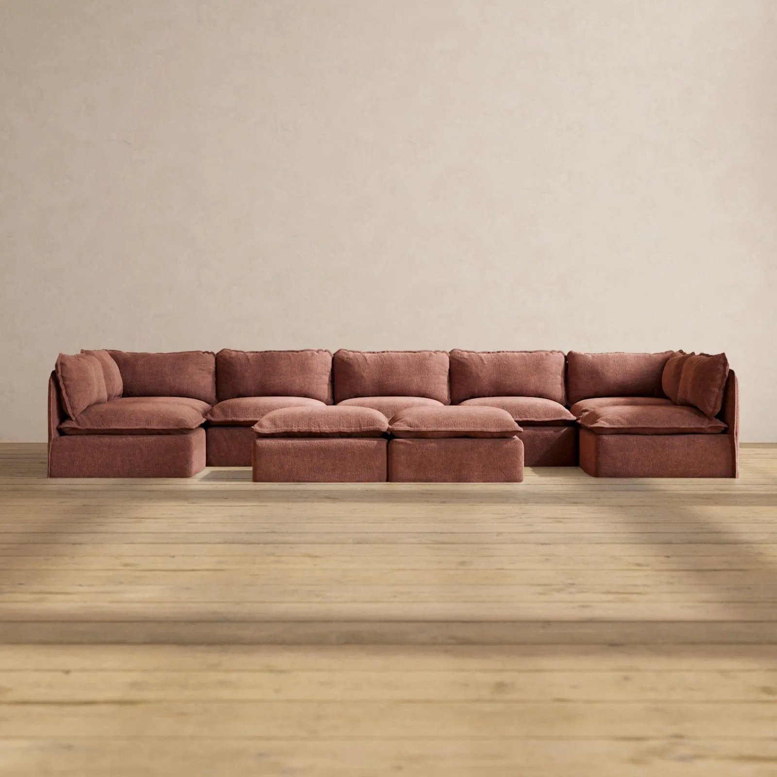 Modular Performance 7-Seater Open-Ends U-Sectional   Bench Ottoman in Chestnut | Relaxed Blend