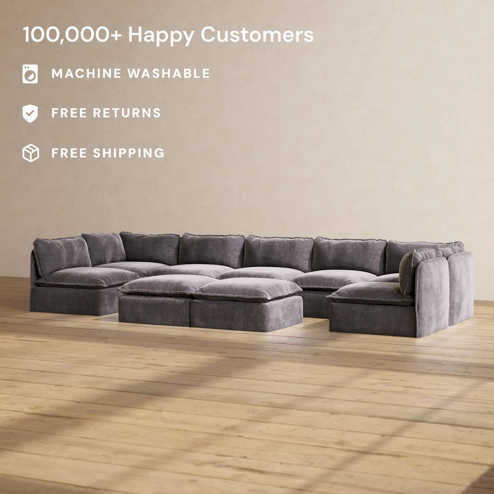 Modular Performance 7-Seater Open-Ends U-Sectional   Bench Ottoman in Cinder | Deluxe Blend