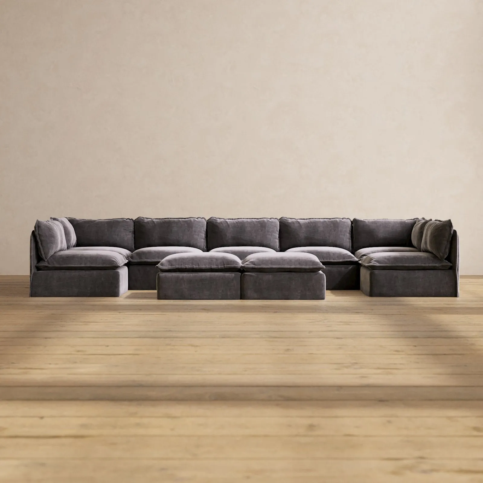 Modular Performance 7-Seater Open-Ends U-Sectional   Bench Ottoman in Cinder | Deluxe Blend
