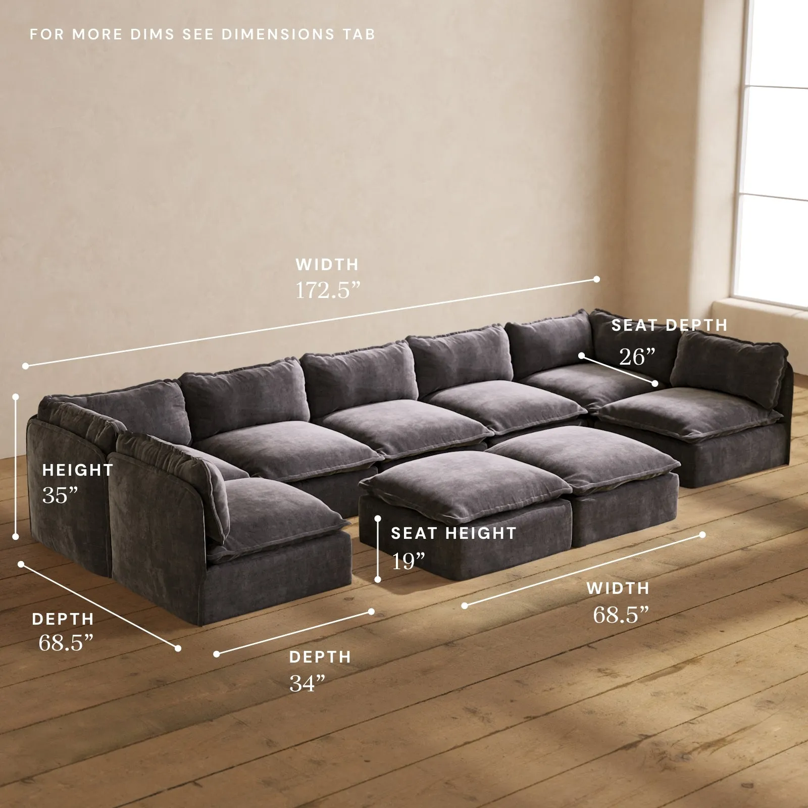 Modular Performance 7-Seater Open-Ends U-Sectional   Bench Ottoman in Cinder | Deluxe Blend