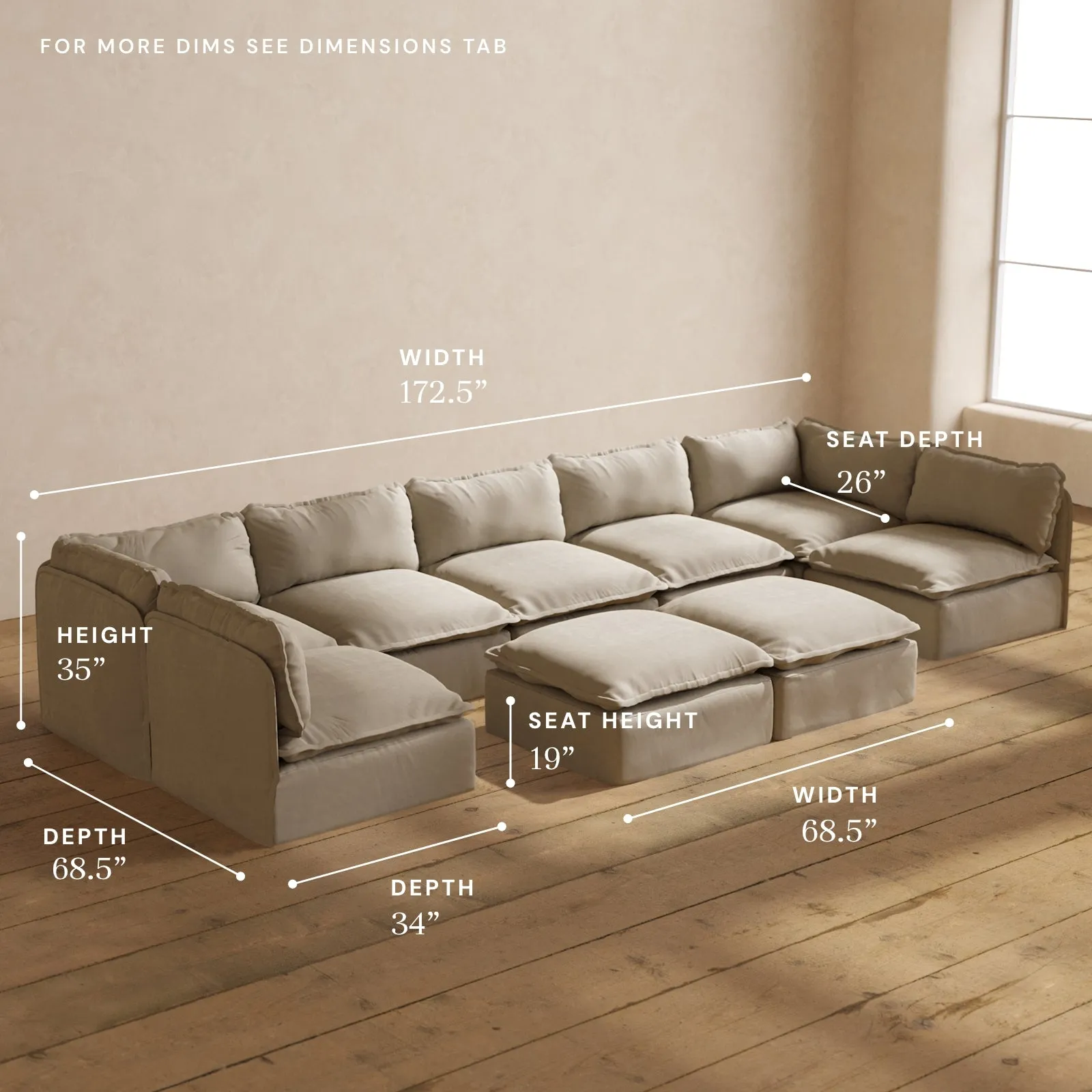Modular Performance 7-Seater Open-Ends U-Sectional   Bench Ottoman in Dune | Relaxed Blend