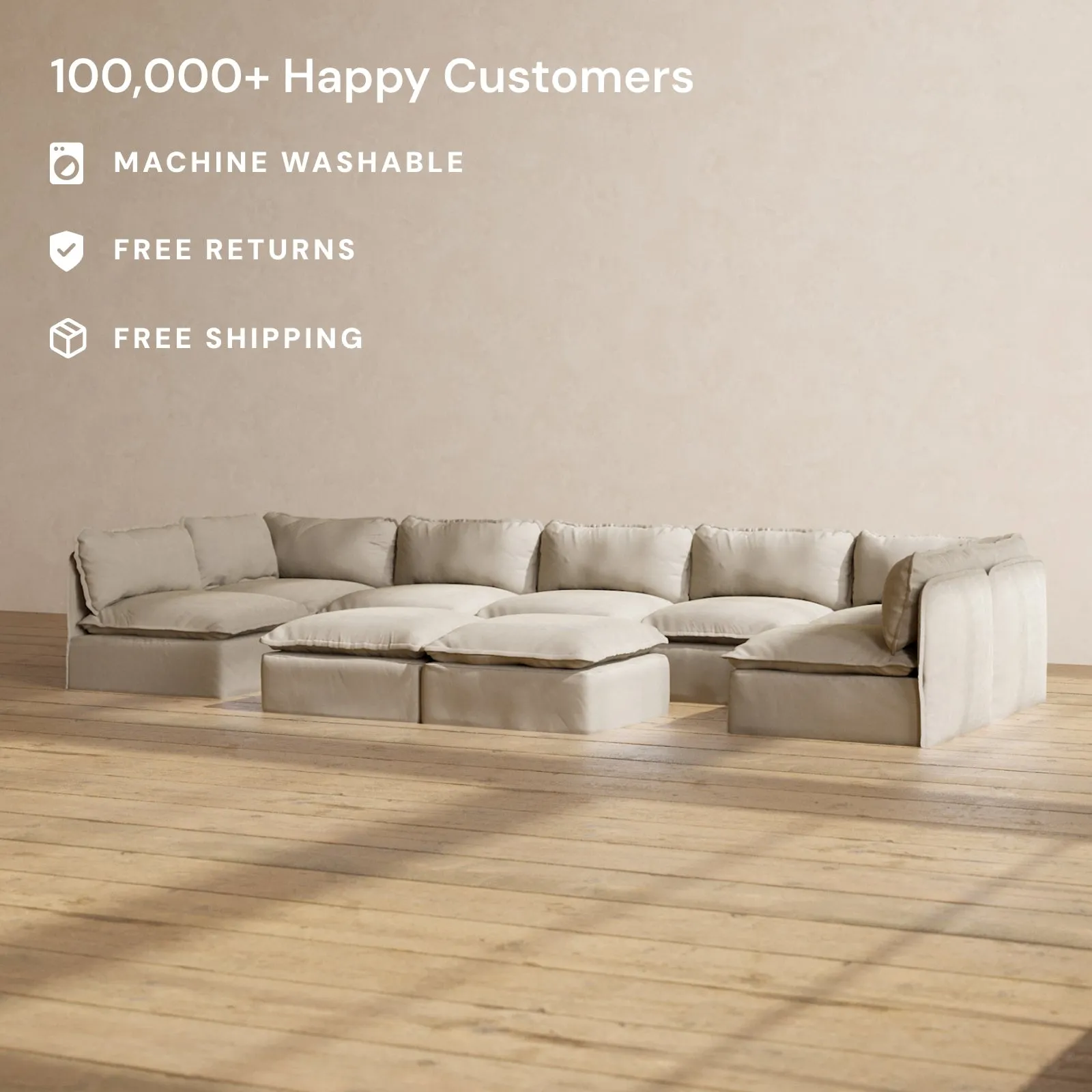 Modular Performance 7-Seater Open-Ends U-Sectional   Bench Ottoman in Dune | Relaxed Blend
