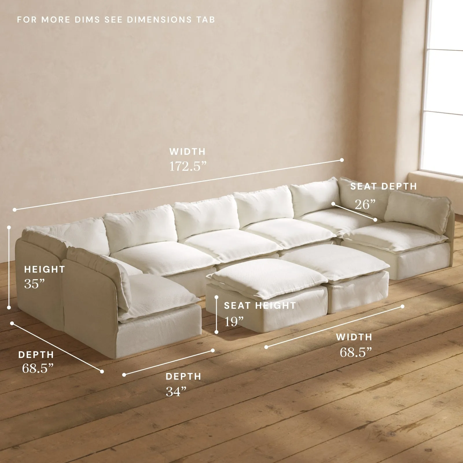 Modular Performance 7-Seater Open-Ends U-Sectional   Bench Ottoman in Eggshell | Deluxe Blend