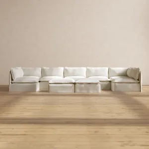 Modular Performance 7-Seater Open-Ends U-Sectional   Bench Ottoman in Eggshell | Deluxe Blend