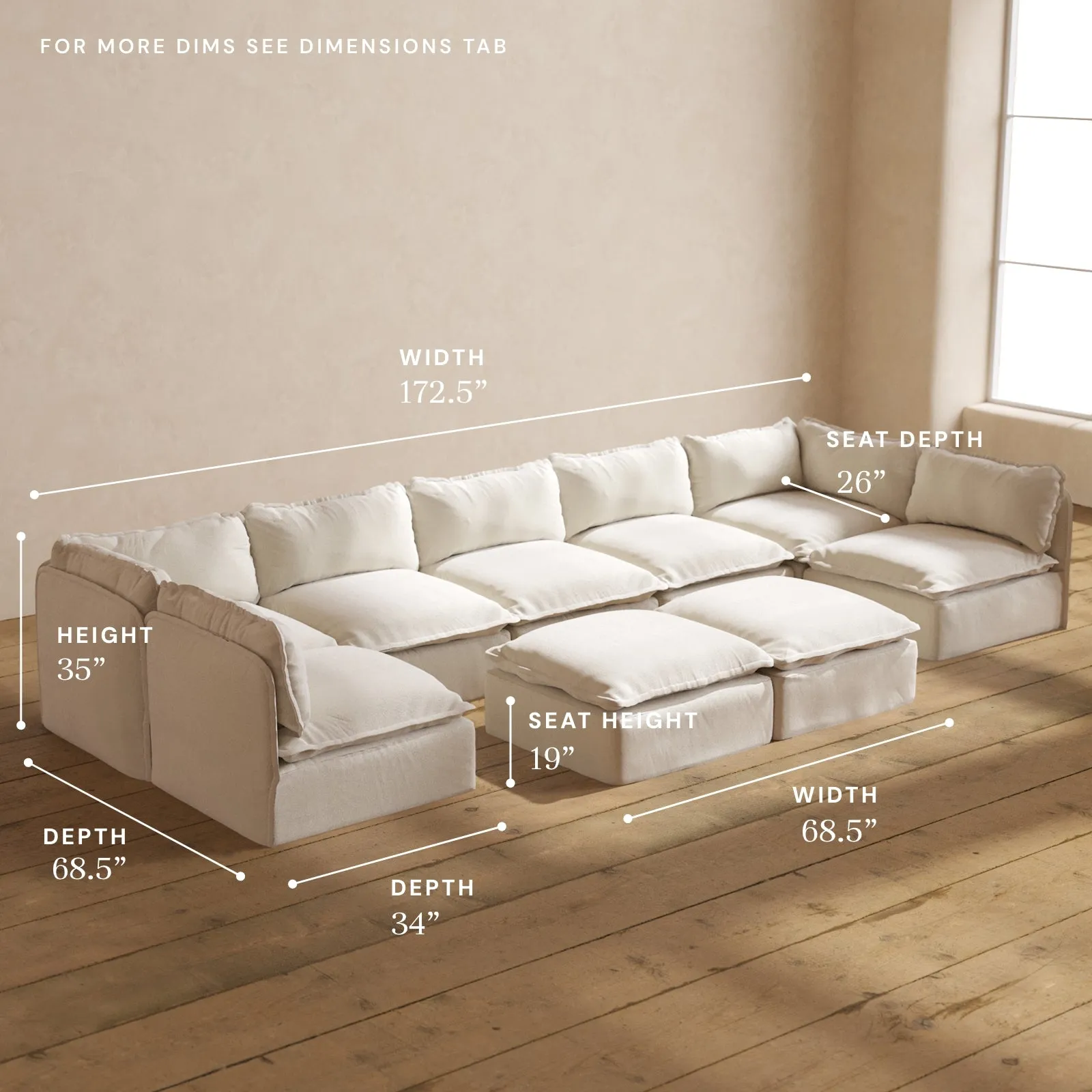 Modular Performance 7-Seater Open-Ends U-Sectional   Bench Ottoman in Flour | Deluxe Blend
