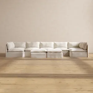 Modular Performance 7-Seater Open-Ends U-Sectional   Bench Ottoman in Flour | Deluxe Blend