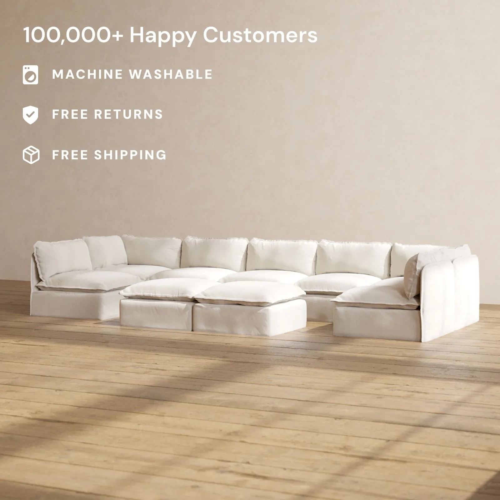 Modular Performance 7-Seater Open-Ends U-Sectional   Bench Ottoman in Flour | Deluxe Blend
