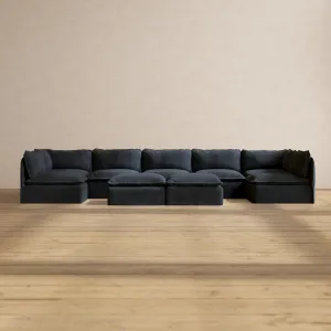 Modular Performance 7-Seater Open-Ends U-Sectional   Bench Ottoman in Indigo | Deluxe Blend