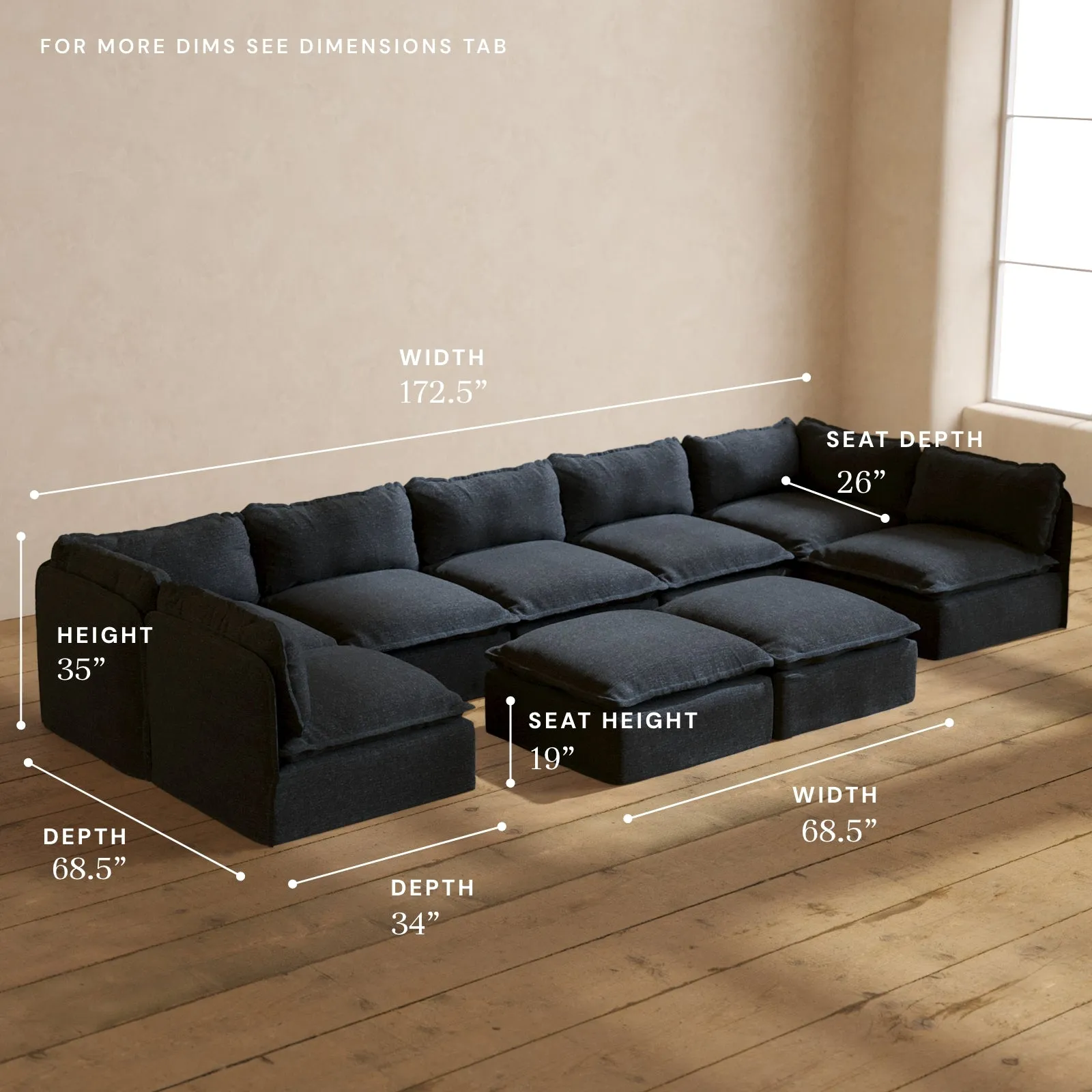 Modular Performance 7-Seater Open-Ends U-Sectional   Bench Ottoman in Indigo | Deluxe Blend