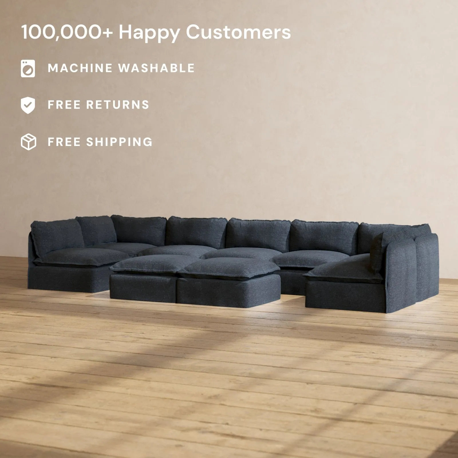 Modular Performance 7-Seater Open-Ends U-Sectional   Bench Ottoman in Indigo | Deluxe Blend