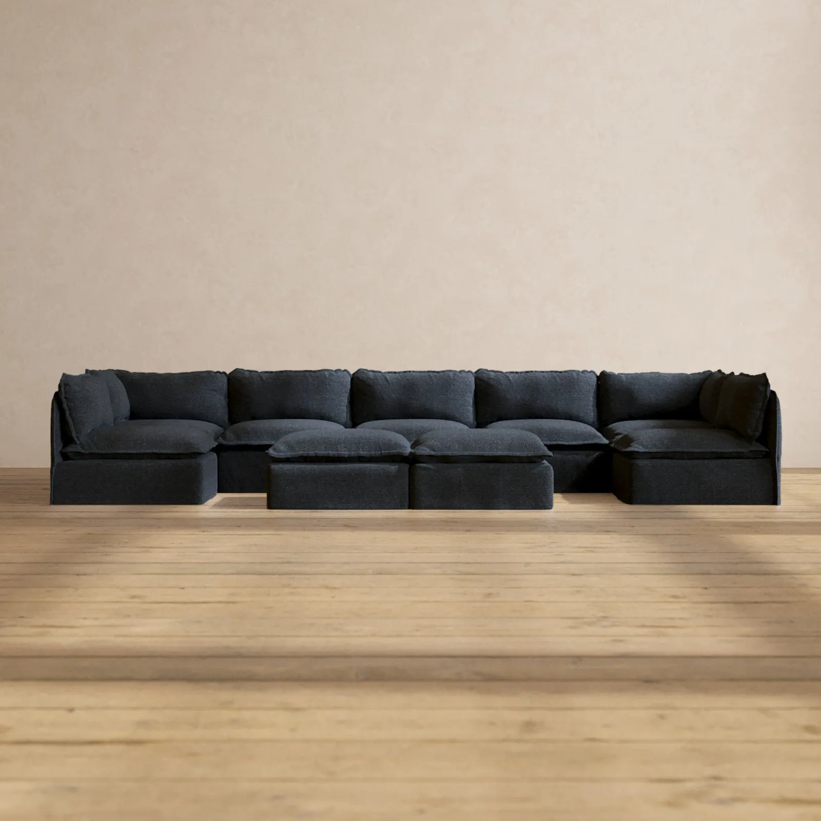 Modular Performance 7-Seater Open-Ends U-Sectional   Bench Ottoman in Indigo | Deluxe Blend