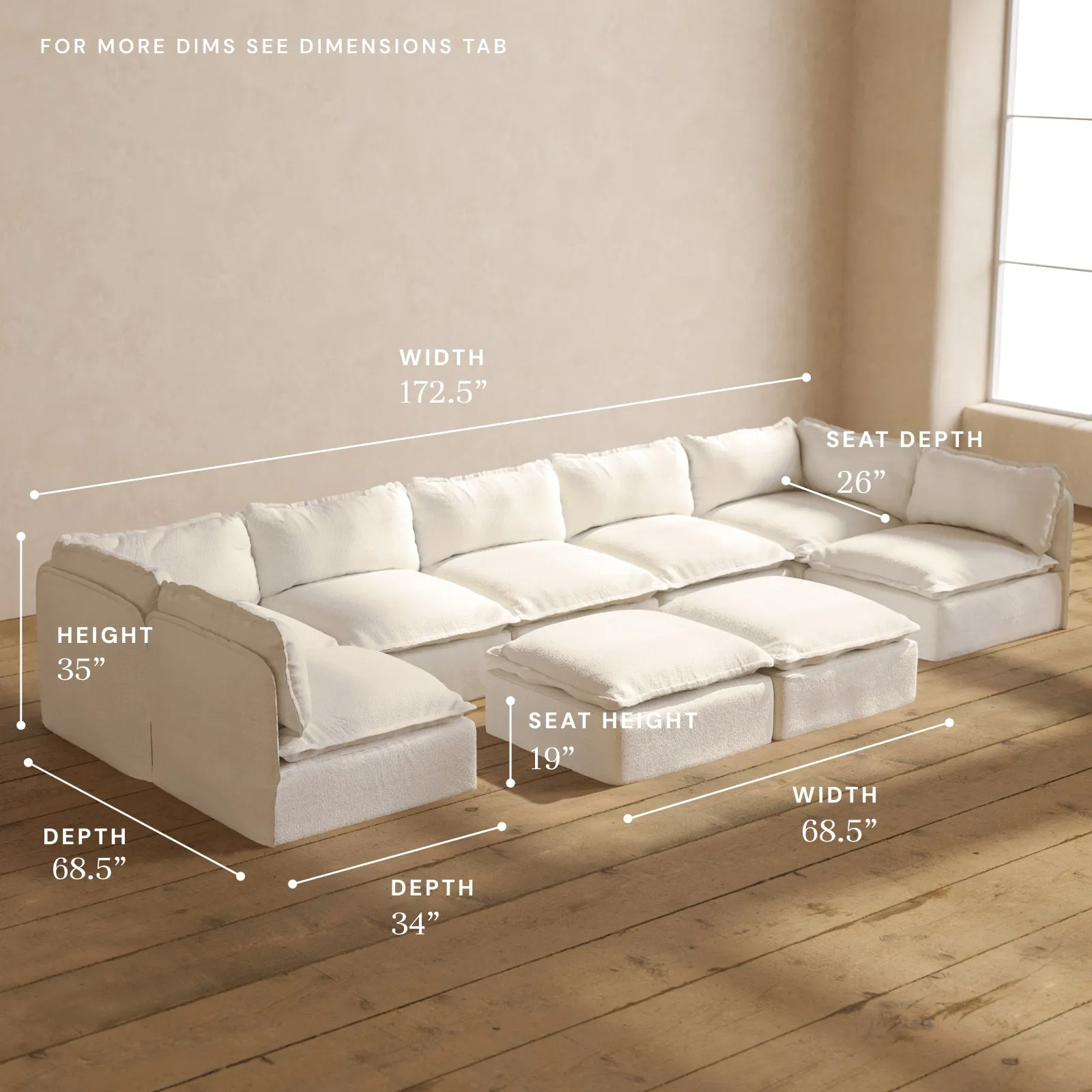 Modular Performance 7-Seater Open-Ends U-Sectional   Bench Ottoman in Mousse | Relaxed Blend
