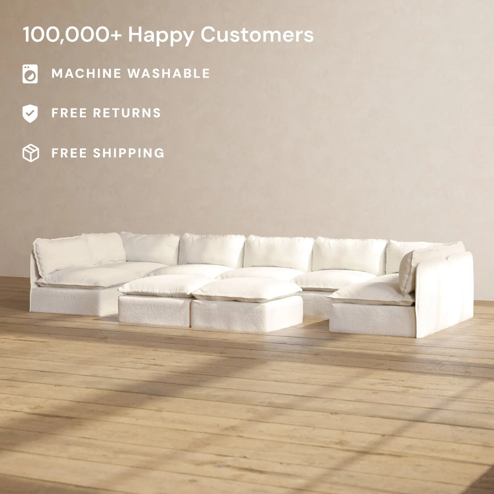 Modular Performance 7-Seater Open-Ends U-Sectional   Bench Ottoman in Mousse | Relaxed Blend