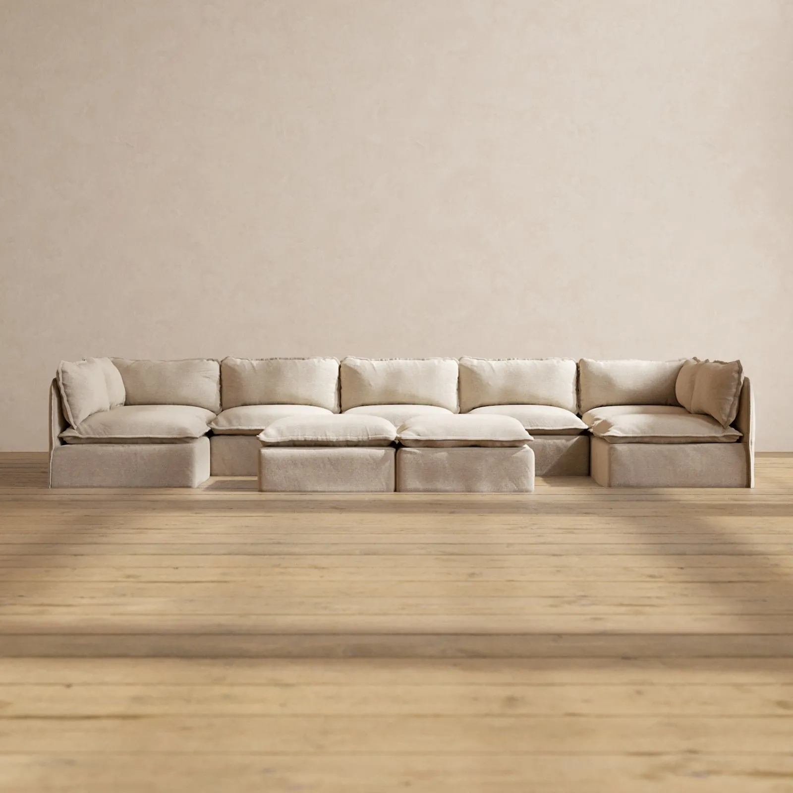 Modular Performance 7-Seater Open-Ends U-Sectional   Bench Ottoman in Oat | Deluxe Blend