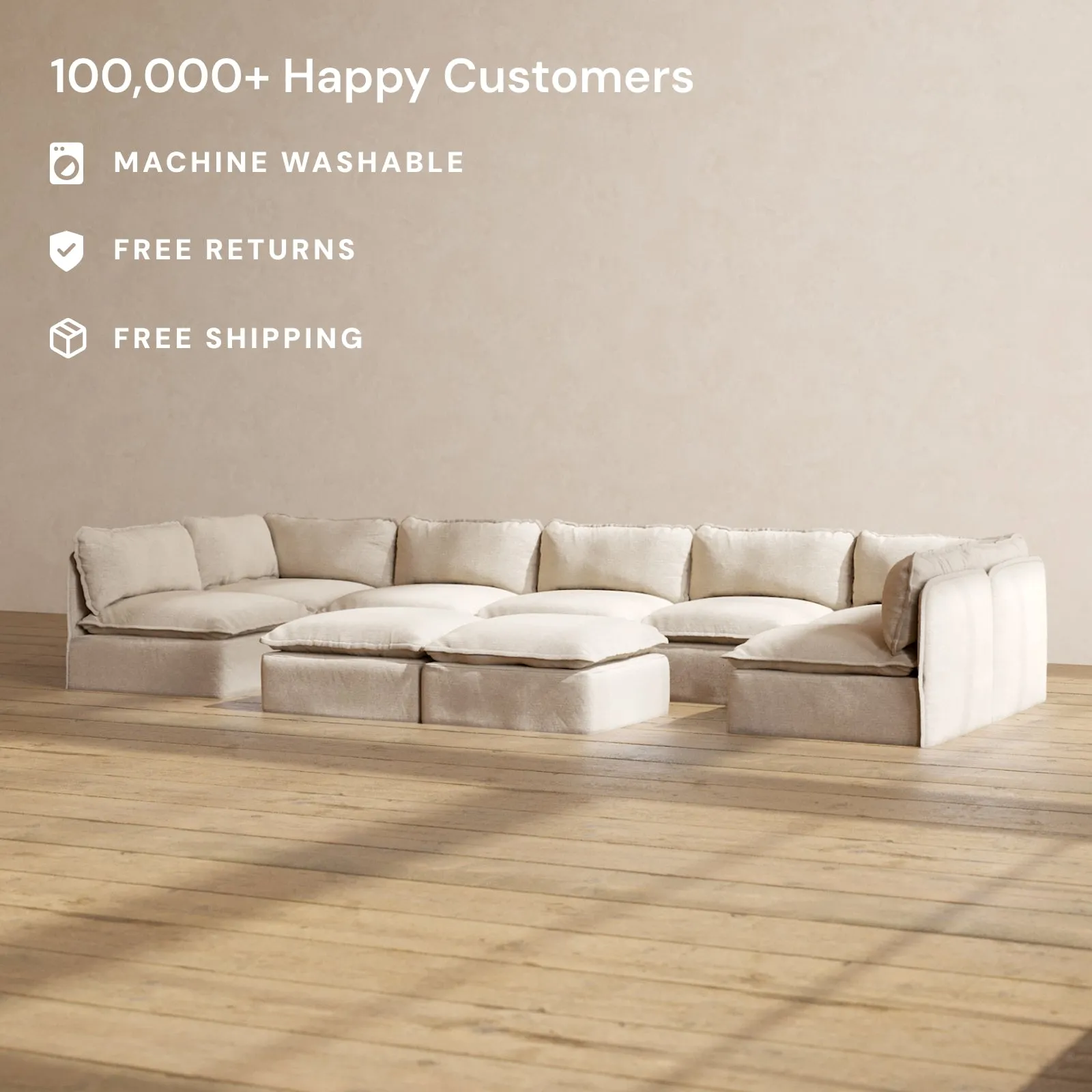 Modular Performance 7-Seater Open-Ends U-Sectional   Bench Ottoman in Oat | Deluxe Blend