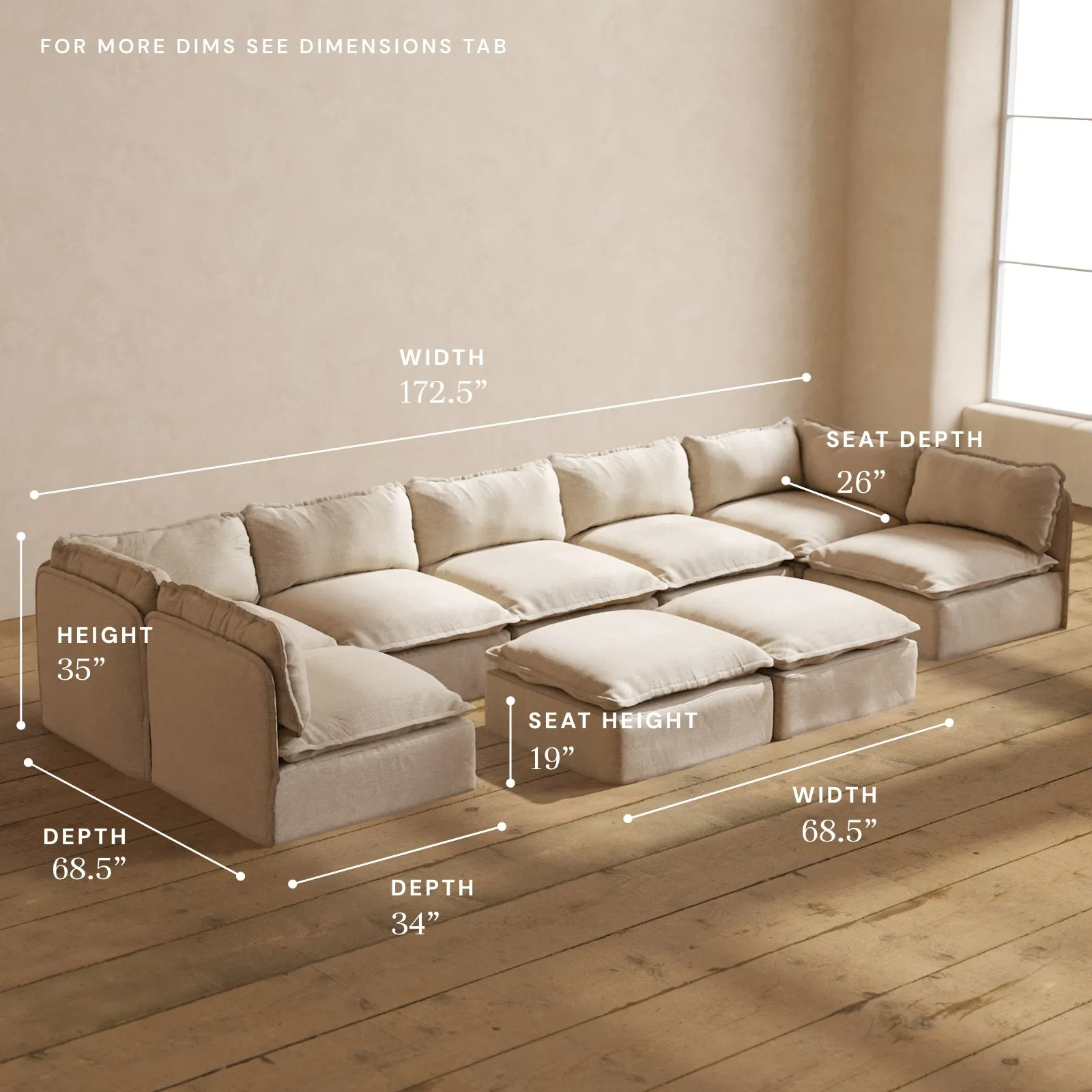 Modular Performance 7-Seater Open-Ends U-Sectional   Bench Ottoman in Oat | Deluxe Blend
