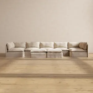 Modular Performance 7-Seater Open-Ends U-Sectional   Bench Ottoman in Oat | Deluxe Blend