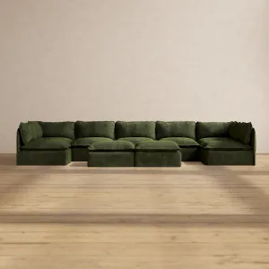 Modular Performance 7-Seater Open-Ends U-Sectional   Bench Ottoman in Olive | Deluxe Blend