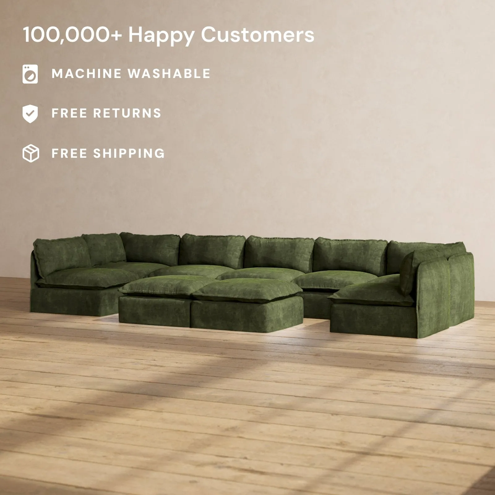 Modular Performance 7-Seater Open-Ends U-Sectional   Bench Ottoman in Olive | Deluxe Blend