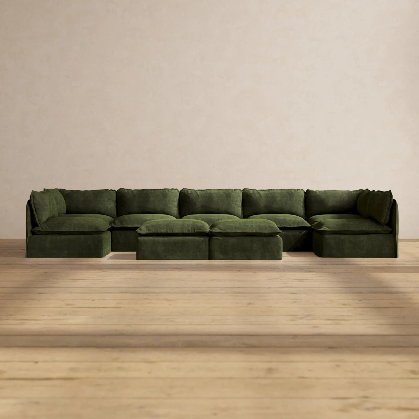 Modular Performance 7-Seater Open-Ends U-Sectional   Bench Ottoman in Olive | Deluxe Blend