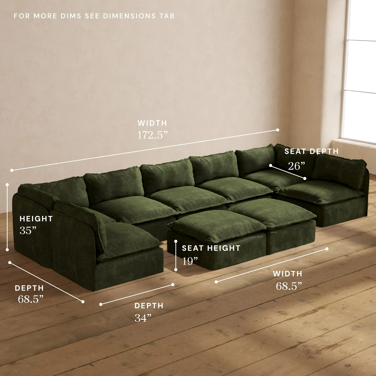Modular Performance 7-Seater Open-Ends U-Sectional   Bench Ottoman in Olive | Relaxed Blend