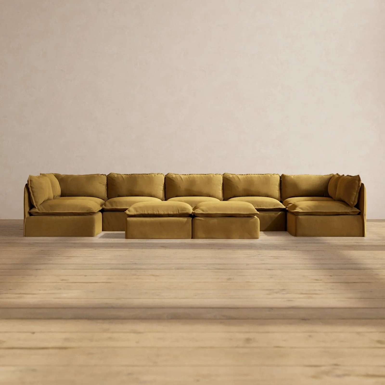 Modular Performance 7-Seater Open-Ends U-Sectional   Bench Ottoman in Toffee | Deluxe Blend