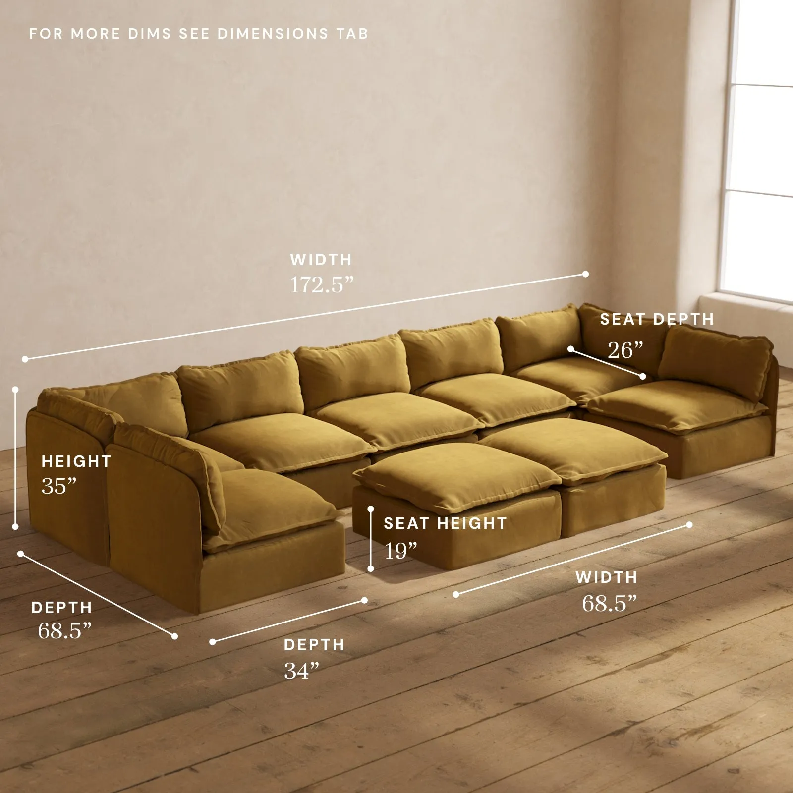 Modular Performance 7-Seater Open-Ends U-Sectional   Bench Ottoman in Toffee | Deluxe Blend