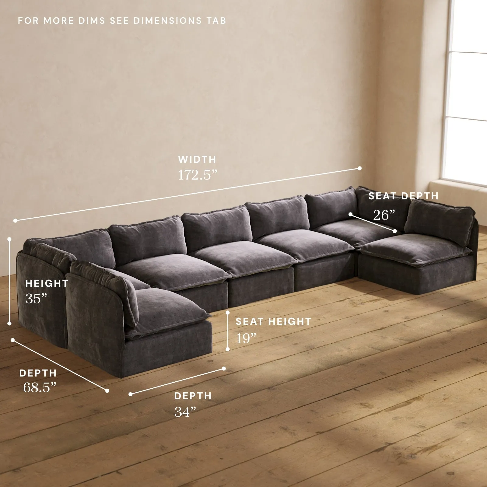Modular Performance 7-Seater Open-Ends U-Sectional in Cinder | Deluxe Blend