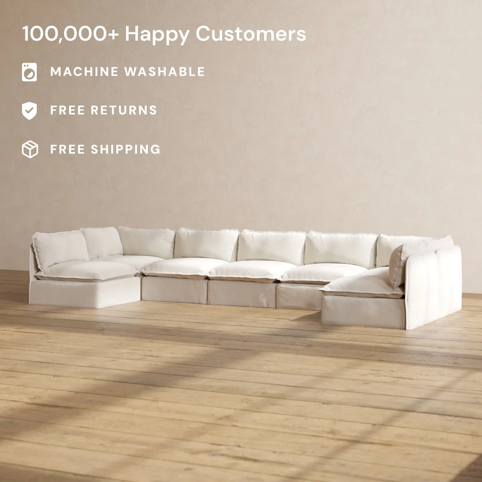 Modular Performance 7-Seater Open-Ends U-Sectional in Flour | Relaxed Blend