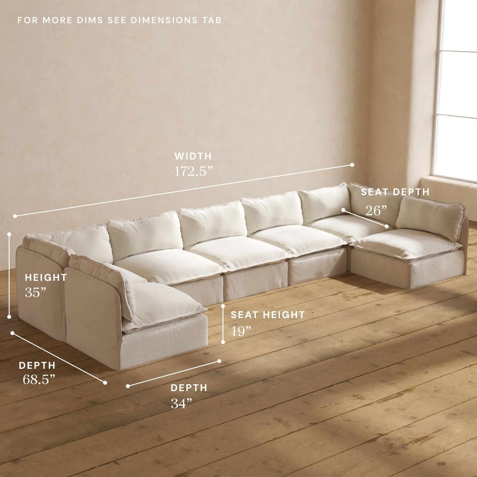 Modular Performance 7-Seater Open-Ends U-Sectional in Flour | Relaxed Blend