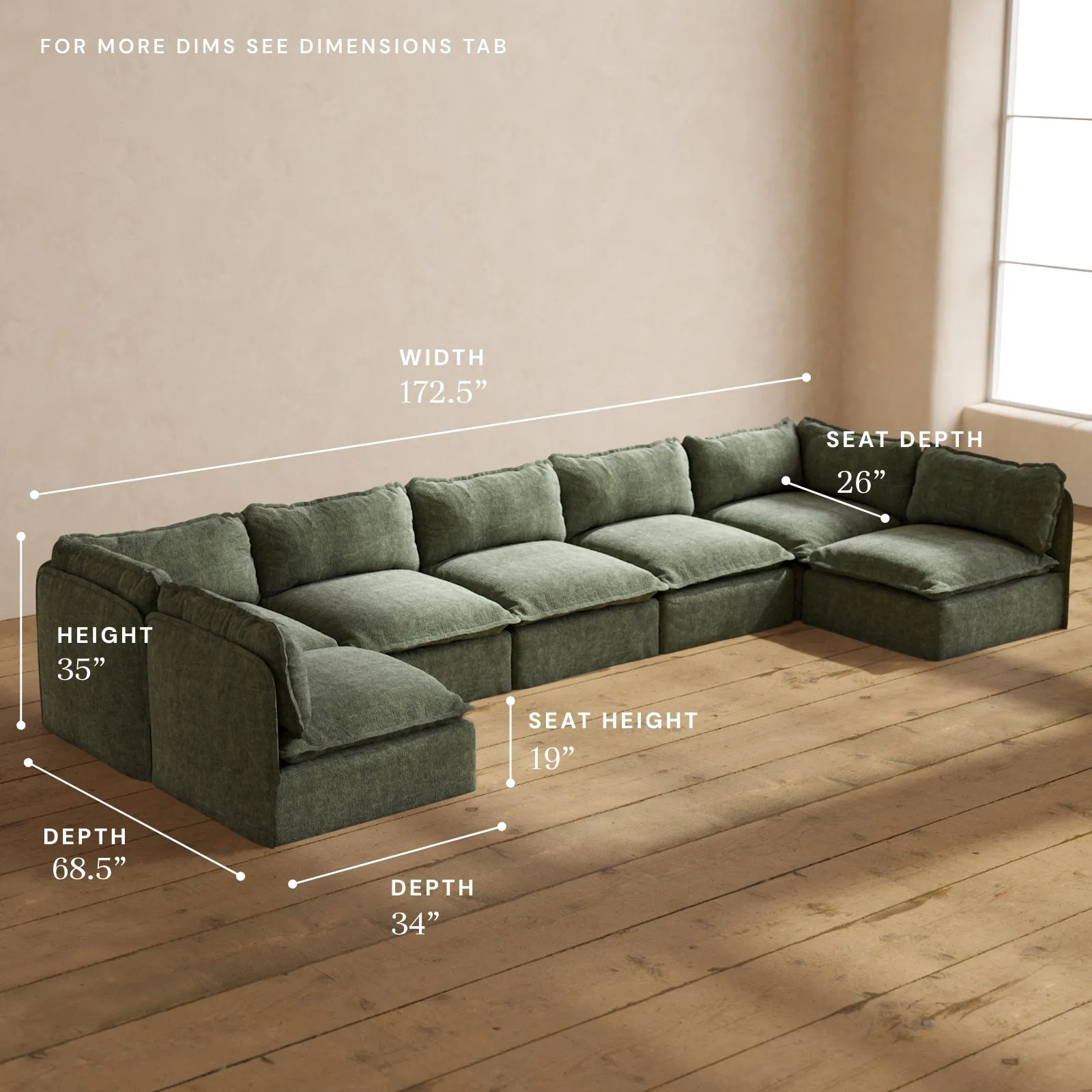 Modular Performance 7-Seater Open-Ends U-Sectional in Willow | Relaxed Blend