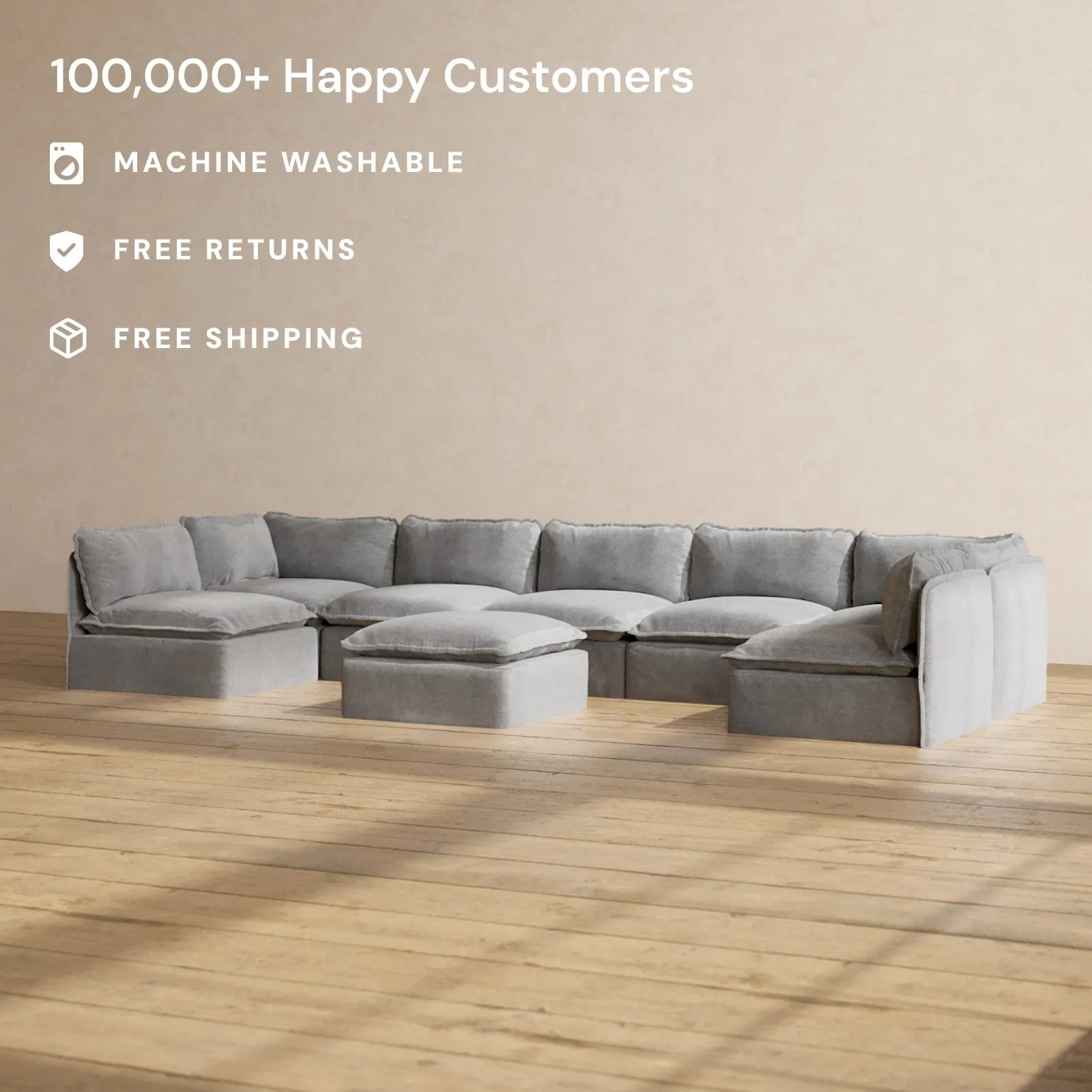 Modular Performance 7-Seater Open-Ends U-Sectional   Ottoman in Ash | Deluxe Blend