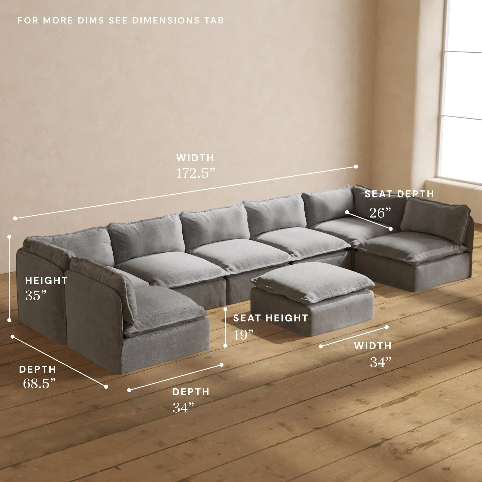 Modular Performance 7-Seater Open-Ends U-Sectional   Ottoman in Ash | Deluxe Blend