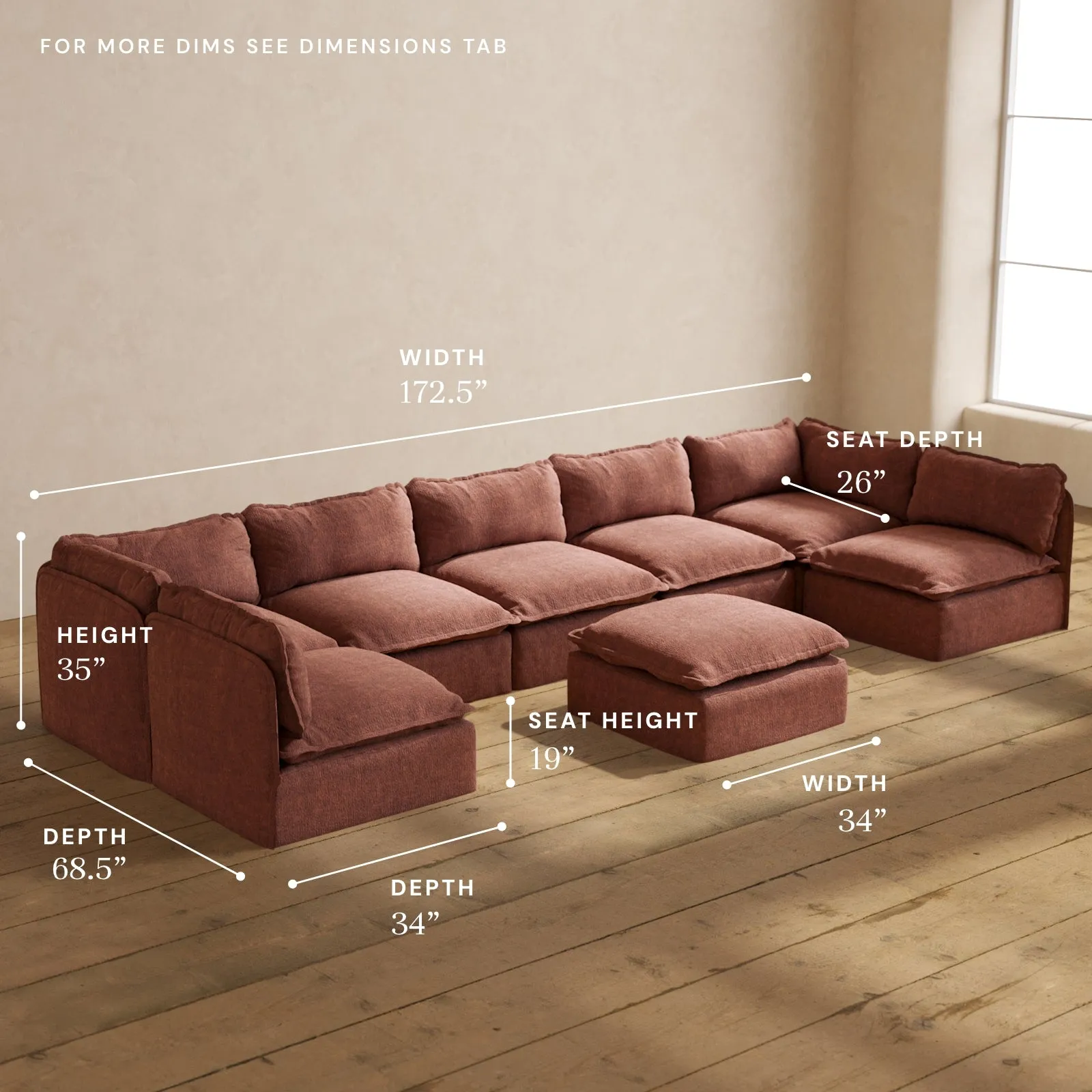 Modular Performance 7-Seater Open-Ends U-Sectional   Ottoman in Chestnut | Deluxe Blend