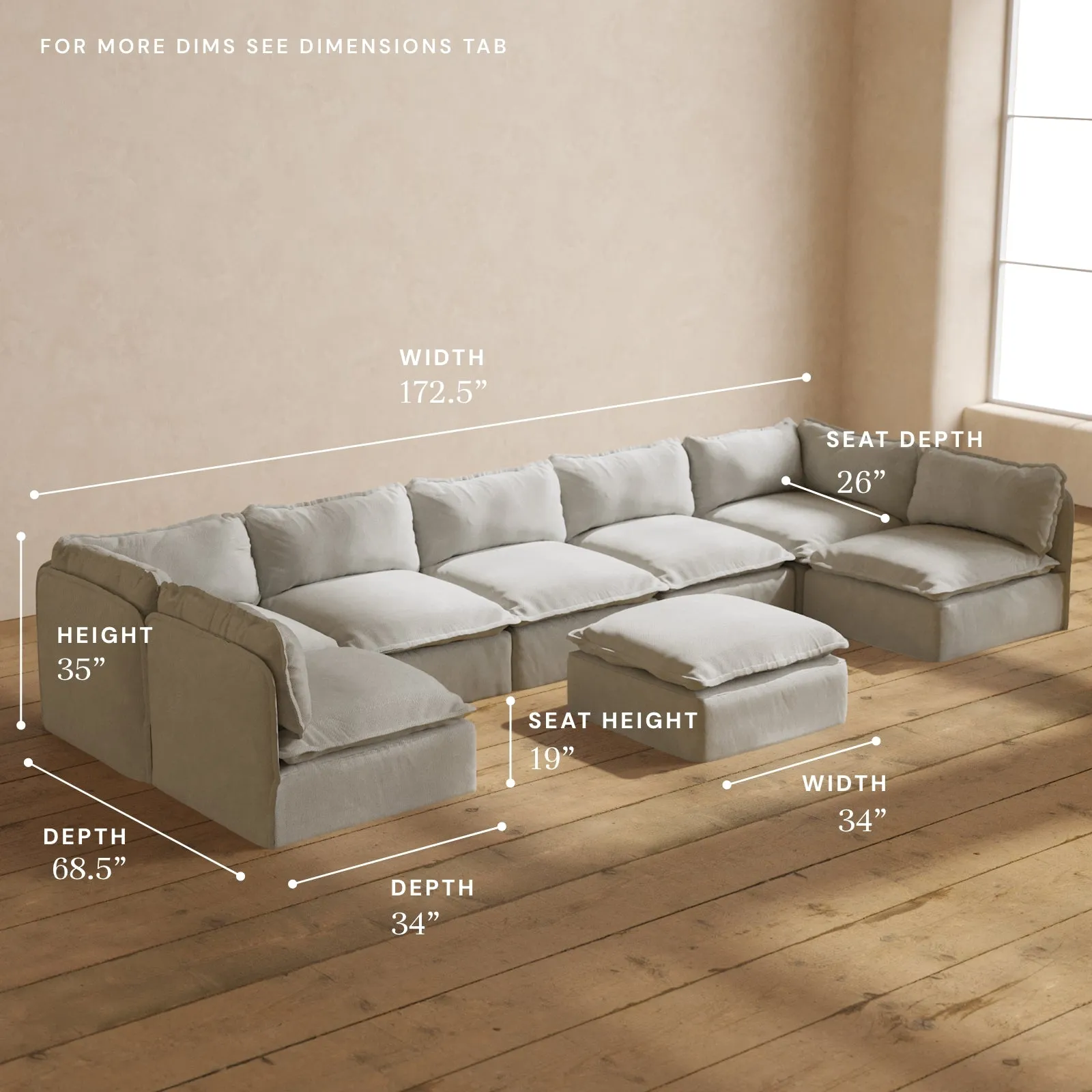 Modular Performance 7-Seater Open-Ends U-Sectional   Ottoman in Cloud | Deluxe Blend