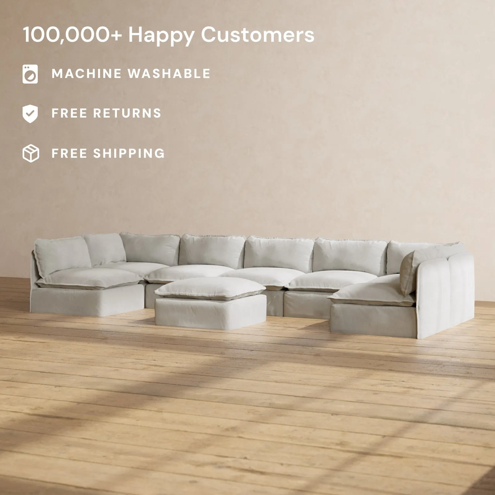 Modular Performance 7-Seater Open-Ends U-Sectional   Ottoman in Cloud | Deluxe Blend