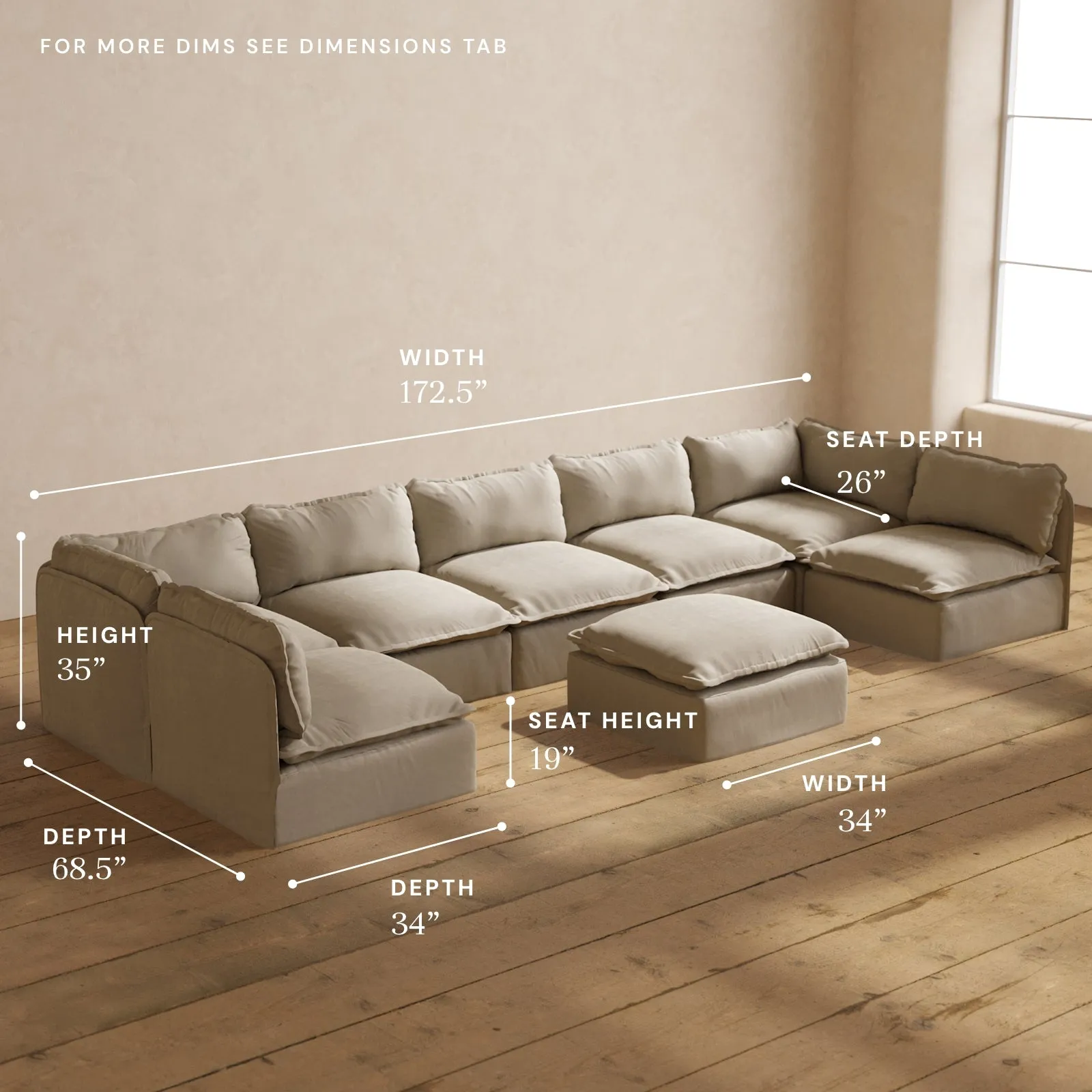 Modular Performance 7-Seater Open-Ends U-Sectional   Ottoman in Dune | Relaxed Blend