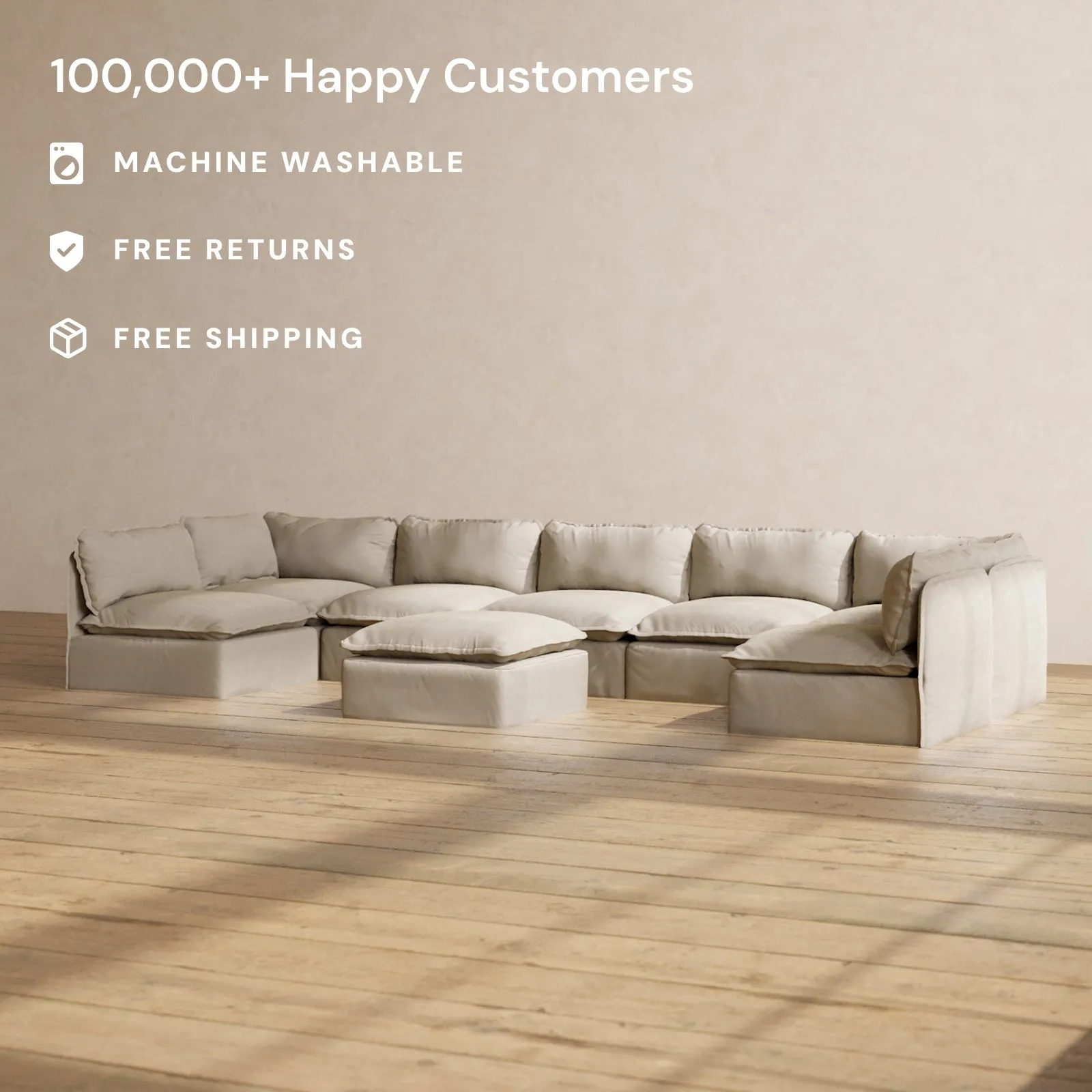 Modular Performance 7-Seater Open-Ends U-Sectional   Ottoman in Dune | Relaxed Blend