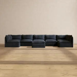 Modular Performance 7-Seater Open-Ends U-Sectional   Ottoman in Indigo | Deluxe Blend