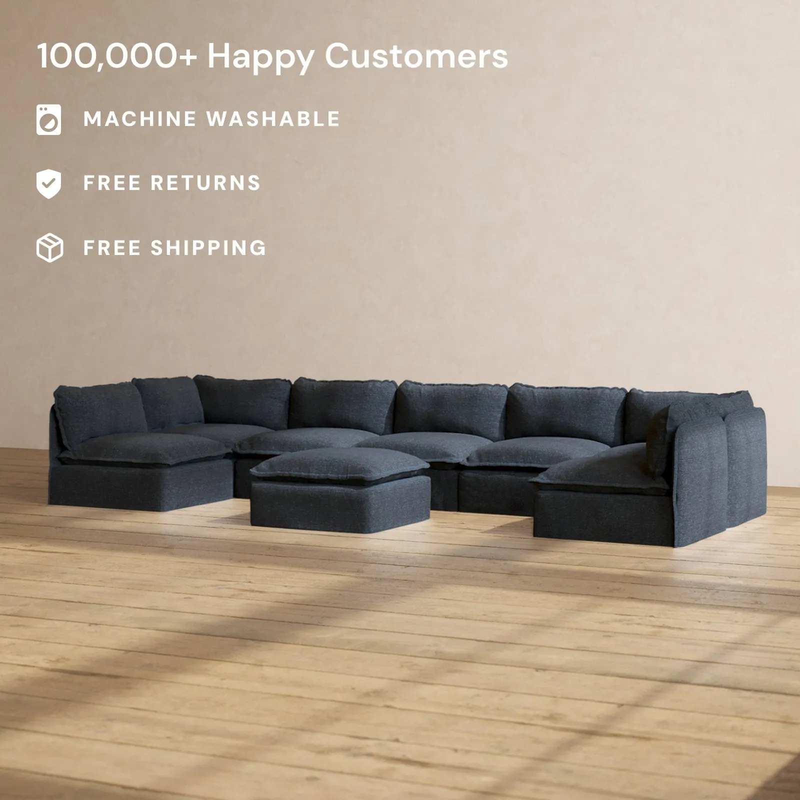 Modular Performance 7-Seater Open-Ends U-Sectional   Ottoman in Indigo | Deluxe Blend