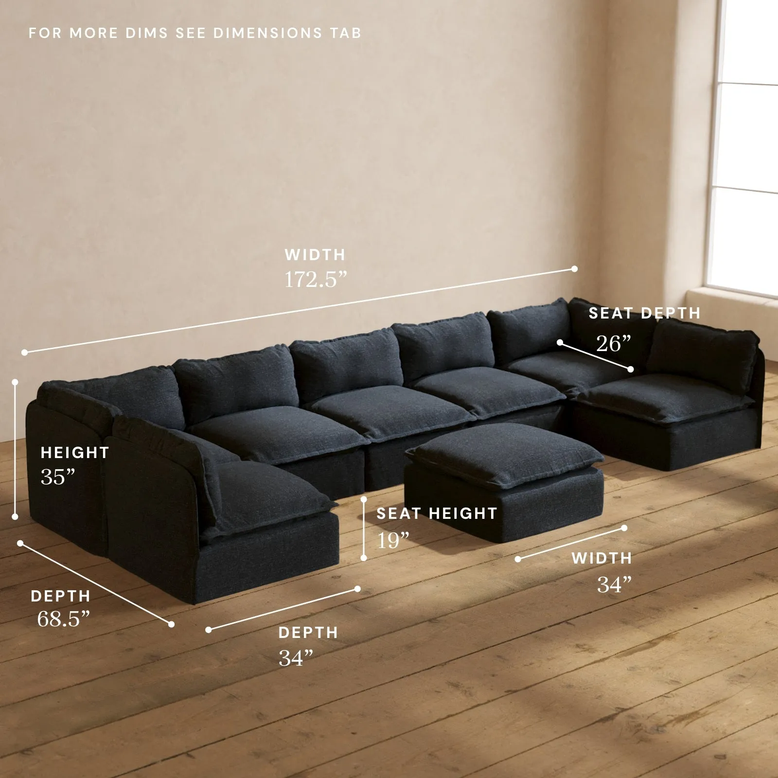 Modular Performance 7-Seater Open-Ends U-Sectional   Ottoman in Indigo | Relaxed Blend