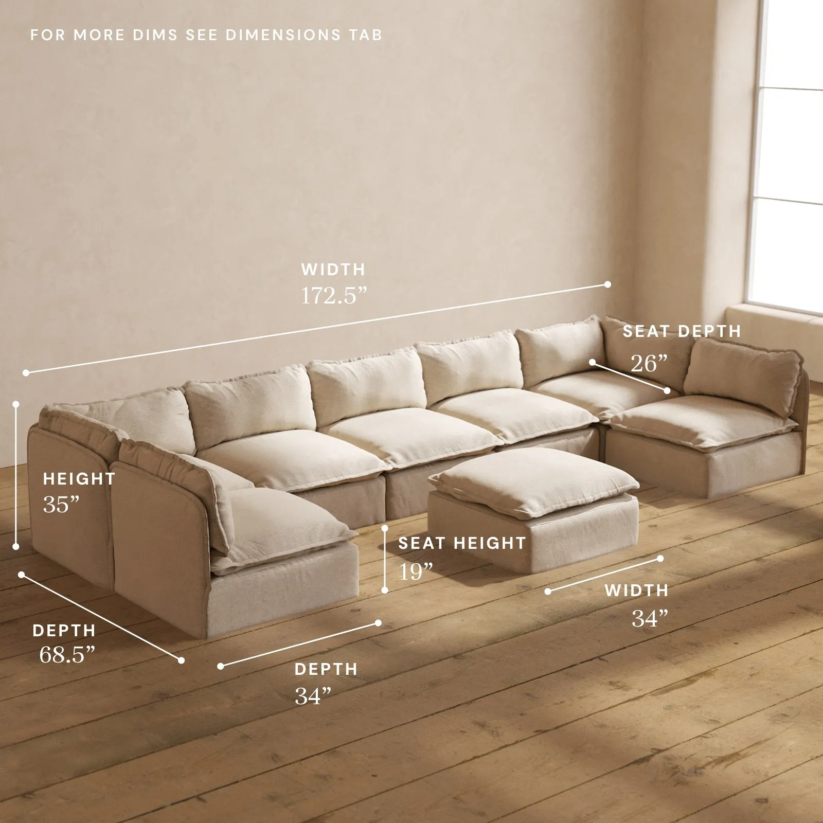 Modular Performance 7-Seater Open-Ends U-Sectional   Ottoman in Oat | Relaxed Blend