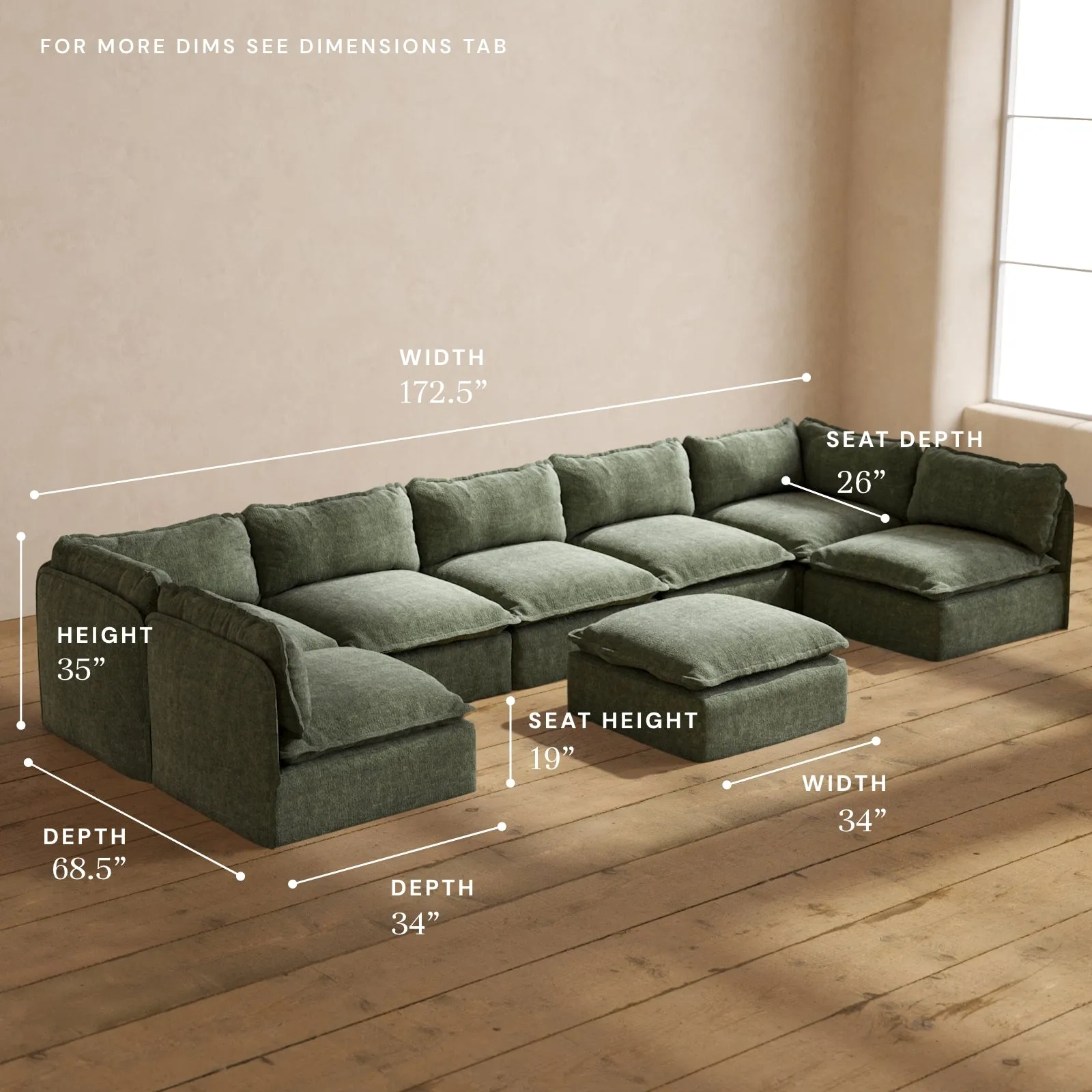 Modular Performance 7-Seater Open-Ends U-Sectional   Ottoman in Willow | Relaxed Blend