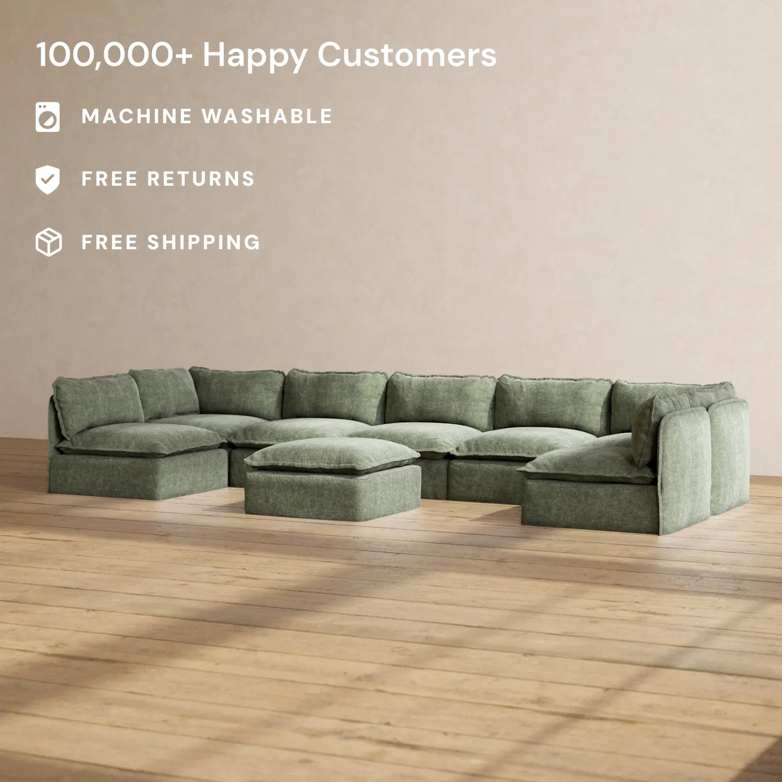 Modular Performance 7-Seater Open-Ends U-Sectional   Ottoman in Willow | Relaxed Blend